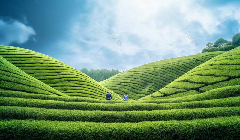 户外绿山蓝天白云茶园山丘绿植树木森林中茶树园丁自然风光实拍,高清,摄影图,摄影图片,图片大全,摄影图免费下载